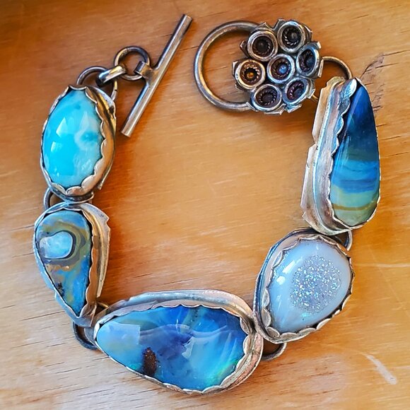 Temi Kucinski Blue Jelly Opal Lapis Cabochons and Sterling Silver Daisy Bracelet - Picture 1 of 5
